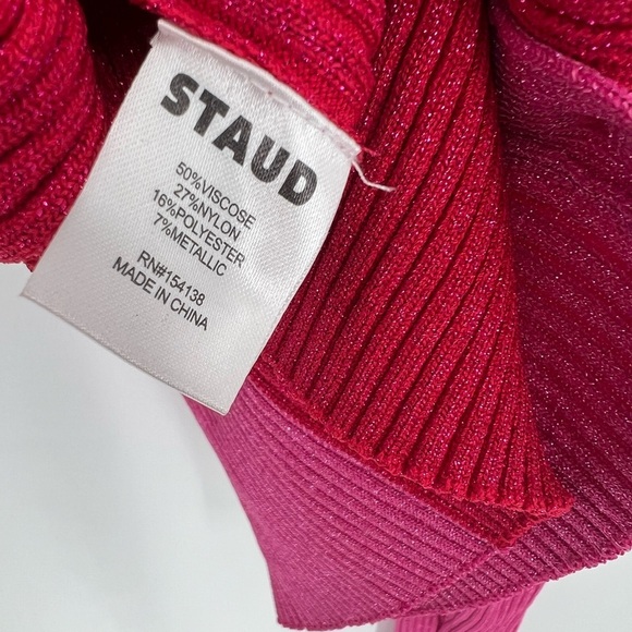 Staud Cargo Two Tone Rib Knit Metallic Sweater Cardigan In Lava & Peony - Picture 7 of 8